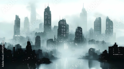 A foggy city skyline with t...
