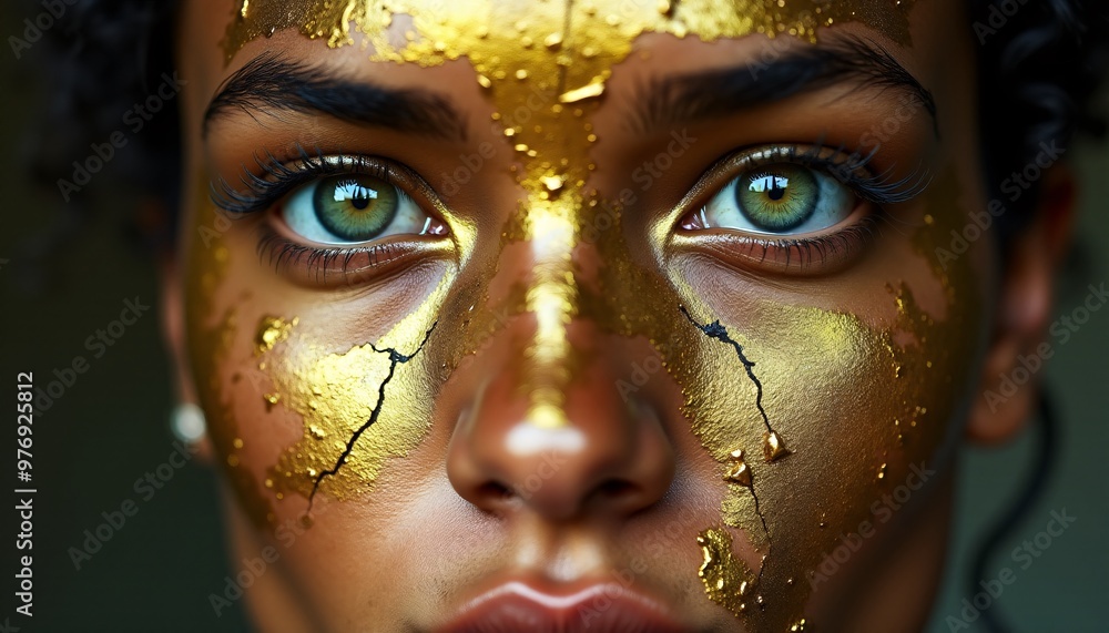A detailed portrait of a person with their eyes looking directly at the viewer. Their eyes are filled with a powerful, unwavering gaze, but their face is covered in a thin layer of gold paint A detailed portrait of a person with their eyes looking directly at the viewer. Their eyes are filled with a powerful, unwavering gaze, but their face is covered in a thin layer of gold paint