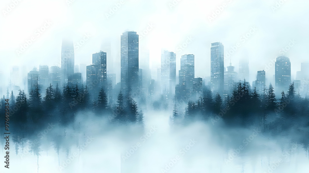 A foggy cityscape with tall buildings obscured by a thick layer of fog, with a forest in the foreground. A foggy cityscape with tall buildings obscured by a thick layer of fog, with a forest in the foreground.
