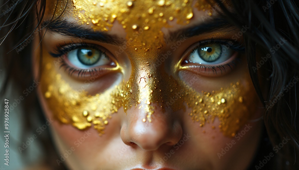 A detailed portrait of a person with their eyes looking directly at the viewer. Their eyes are filled with a powerful, unwavering gaze, but their face is covered in a thin layer of gold paint A detailed portrait of a person with their eyes looking directly at the viewer. Their eyes are filled with a powerful, unwavering gaze, but their face is covered in a thin layer of gold paint