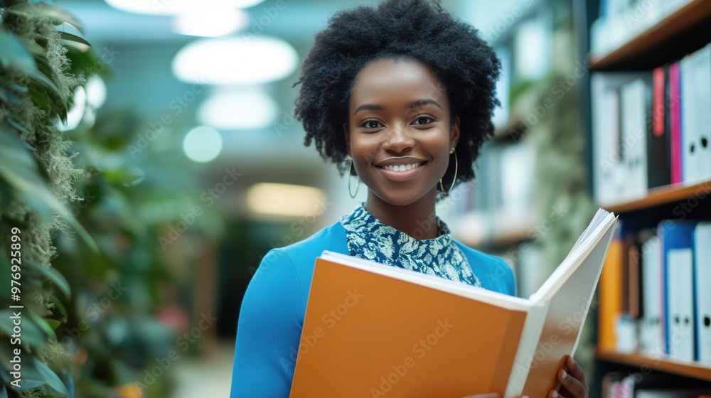 African American female businesswoman holding folder smiling looking at office African American female businesswoman holding folder smiling looking at office