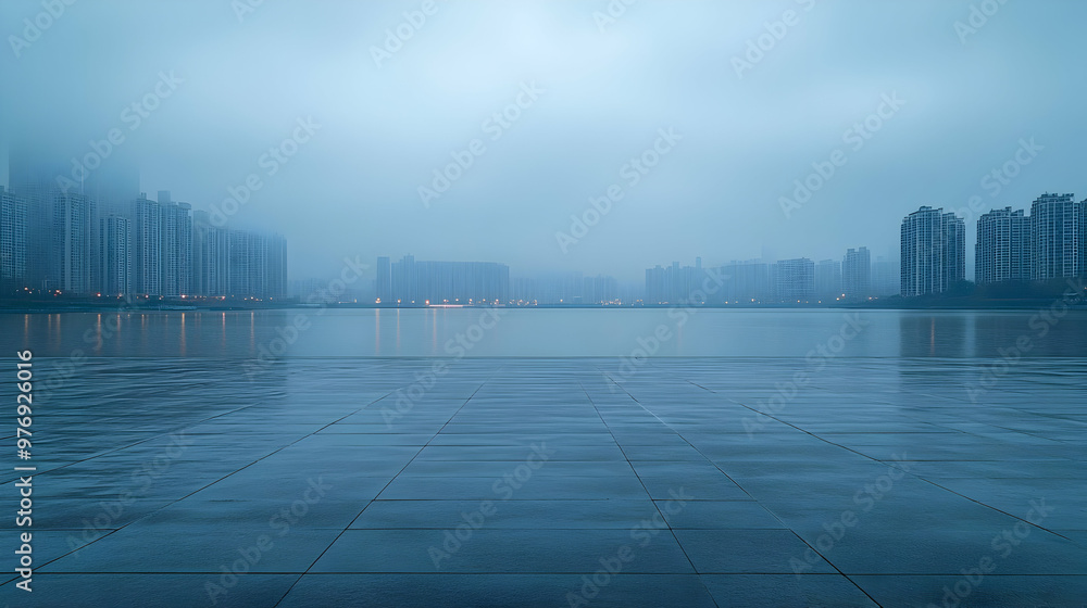 A foggy morning cityscape with a reflective tiled floor in the foreground. A foggy morning cityscape with a reflective tiled floor in the foreground.