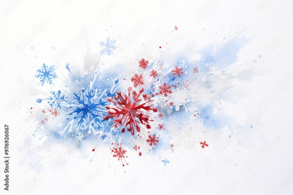 A beautiful watercolor painting of delicate blue and white snowflakes cascading onto a white canvas, accented by rich red cursive script in the center A beautiful watercolor painting of delicate blue and white snowflakes cascading onto a white canvas, accented by rich red cursive script in the center