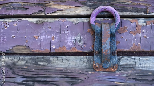 Antique purple stirrup atop faded timber photo