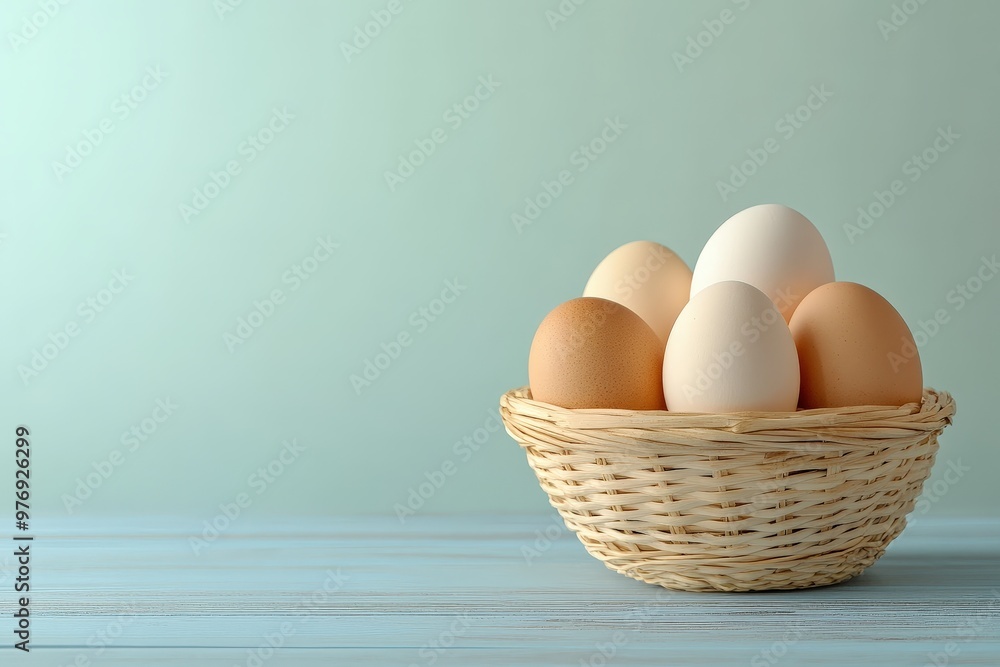A rustic woven basket filled with fresh brown and white eggs, perfect for culinary or farm-themed projects.. Beautiful simple AI generated image A rustic woven basket filled with fresh brown and white eggs, perfect for culinary or farm-themed projects.. Beautiful simple AI generated image