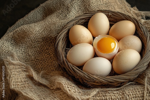 Close-up of a rustic basket filled with farm-fresh brown eggs on a wooden table. Beautiful simple AI generated image photo