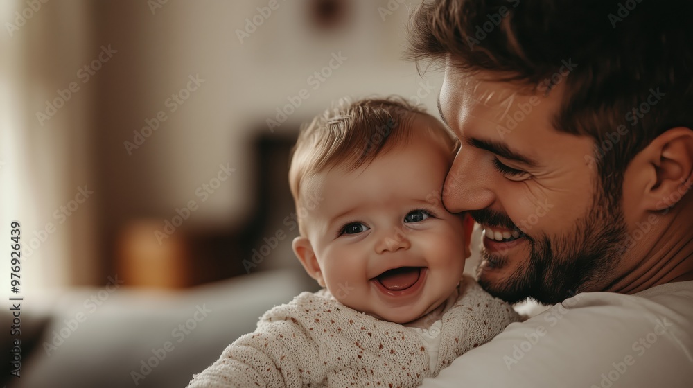 Caucasian father with his baby father looking at child tender moment Caucasian father with his baby father looking at child tender moment