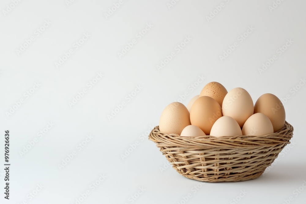 A wicker basket filled with brown and white eggs. Isolated on a white background. Perfect for Easter, cooking, or farm-related themes.. Beautiful simple AI generated image A wicker basket filled with brown and white eggs. Isolated on a white background. Perfect for Easter, cooking, or farm-related themes.. Beautiful simple AI generated image