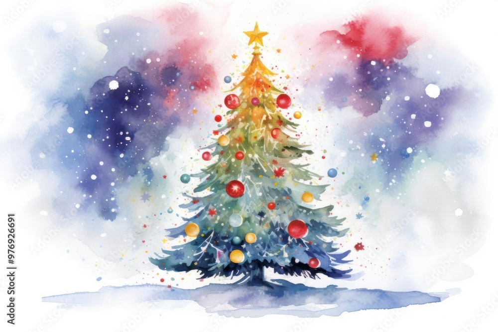 Capture a magical moment with a low-angle view of a festive Christmas watercolor design Featuring a stunning decorated tree Capture a magical moment with a low-angle view of a festive Christmas watercolor design Featuring a stunning decorated tree