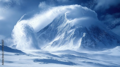 Wallpaper Mural A majestic snow-covered mountain peak with swirling clouds, under a dramatic blue sky. Torontodigital.ca