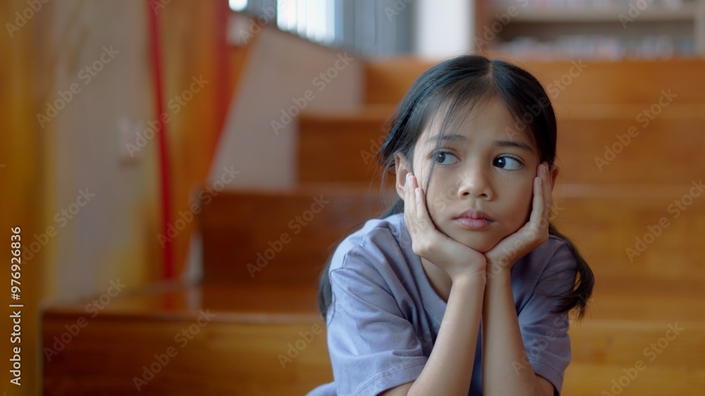 An Asian girl sits on the stairs with a bored expression on her face. Her dim eyes reflect her disinterest in her surroundings. An Asian girl sits on the stairs with a bored expression on her face. Her dim eyes reflect her disinterest in her surroundings.