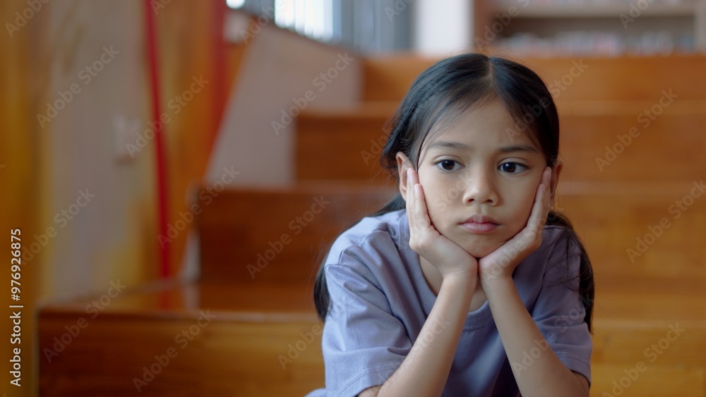An Asian girl sits on the stairs with a bored expression on her face. Her dim eyes reflect her disinterest in her surroundings. An Asian girl sits on the stairs with a bored expression on her face. Her dim eyes reflect her disinterest in her surroundings.