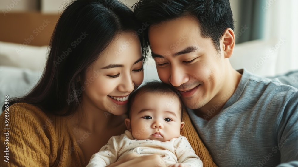 Asian parents with their baby father and mother looking at their child Chinese Japanese Korean Taiwanese Asian parents with their baby father and mother looking at their child Chinese Japanese Korean Taiwanese