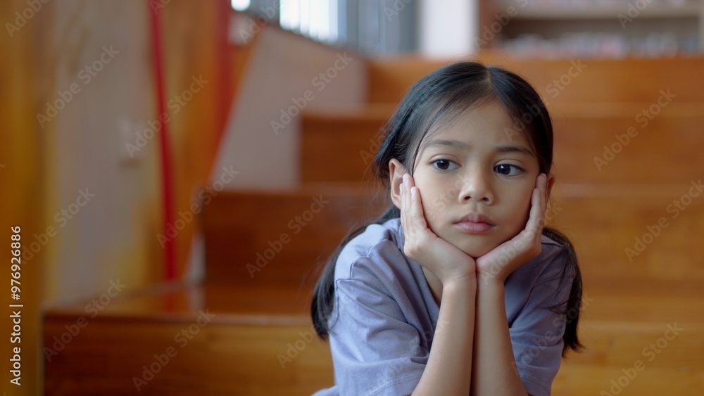 An Asian girl sits on the stairs with a bored expression on her face. Her dim eyes reflect her disinterest in her surroundings. An Asian girl sits on the stairs with a bored expression on her face. Her dim eyes reflect her disinterest in her surroundings.