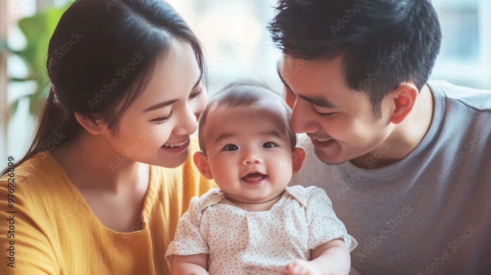 Asian parents with their baby father and mother looking at their child Chinese Japanese Korean Taiwanese Asian parents with their baby father and mother looking at their child Chinese Japanese Korean Taiwanese