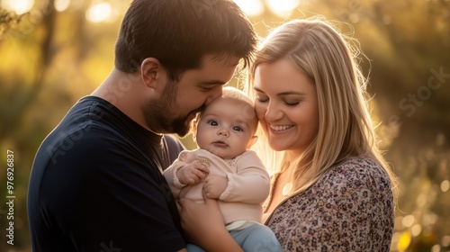 Caucasian parents with their baby father and mother looking at their child