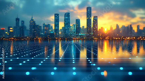 A futuristic city skyline a...