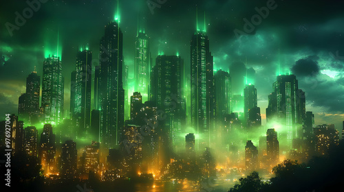 A futuristic city skyline i...