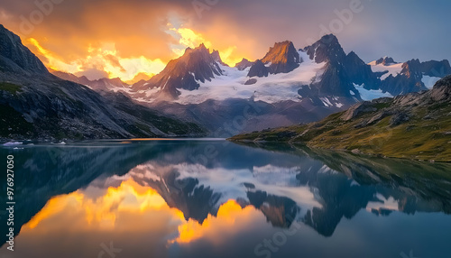 Nature Bliss: A serene mountain landscape with a lake reflecting the snowy peaks at sunrise