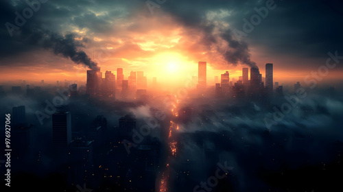 A futuristic city skyline with a dramatic sunset and clouds.