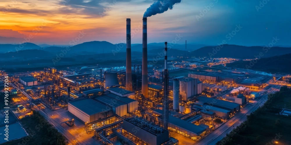 Obraz premium Aerial view of a modern industrial factory complex with illuminated structures, surrounded by greenery