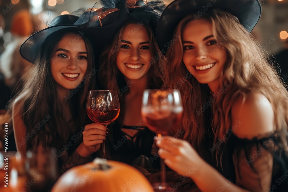 Group of friends in witch hats toasting with wine at a Halloween event Group of friends in witch hats toasting with wine at a Halloween event