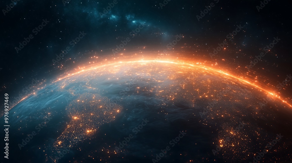 View of Earth from Space with Glowing Horizon, Cosmic Beauty View of Earth from Space with Glowing Horizon, Cosmic Beauty