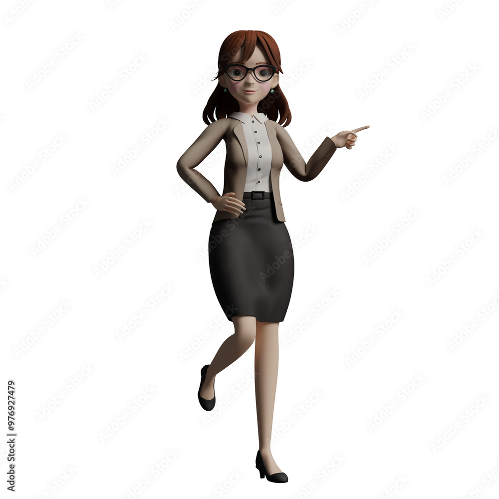 3D female teacher in a professional role. The female teacher stands with one leg raised, her right hand holding the hem of her blazer and her left hand pointing forward. Educational Cartoon 3D female teacher in a professional role. The female teacher stands with one leg raised, her right hand holding the hem of her blazer and her left hand pointing forward. Educational Cartoon