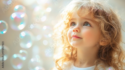 Sunlit Dreams and Bubbles: A curly-haired cherub gazes upward, captivated by iridescent bubbles in a warm sunbeam, capturing the innocence and wonder of childhood. 