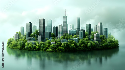 A futuristic city with green trees and buildings on a small island in a clear blue sky and water.