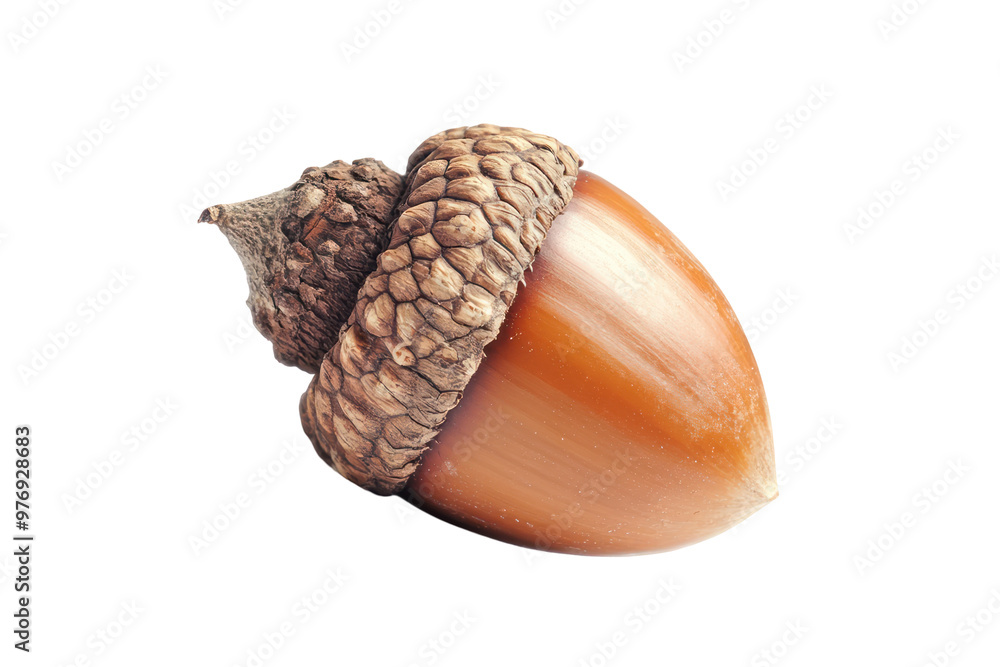 A close-up of an oak acorn with its cap, isolated on a black background. A close-up of an oak acorn with its cap, isolated on a black background.