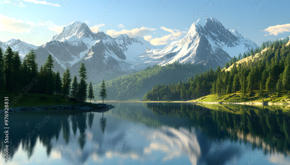 Fototapeta premium Nature Bliss: A serene mountain landscape with a lake reflecting the snowy peaks at sunrise