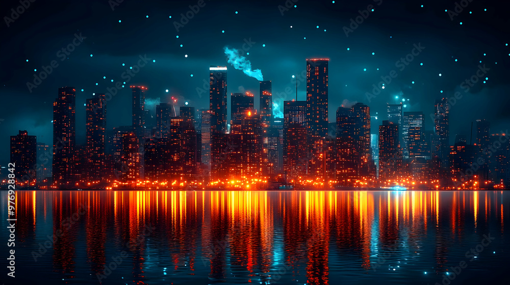 A futuristic cityscape at night with neon lights reflecting in the water. A futuristic cityscape at night with neon lights reflecting in the water.