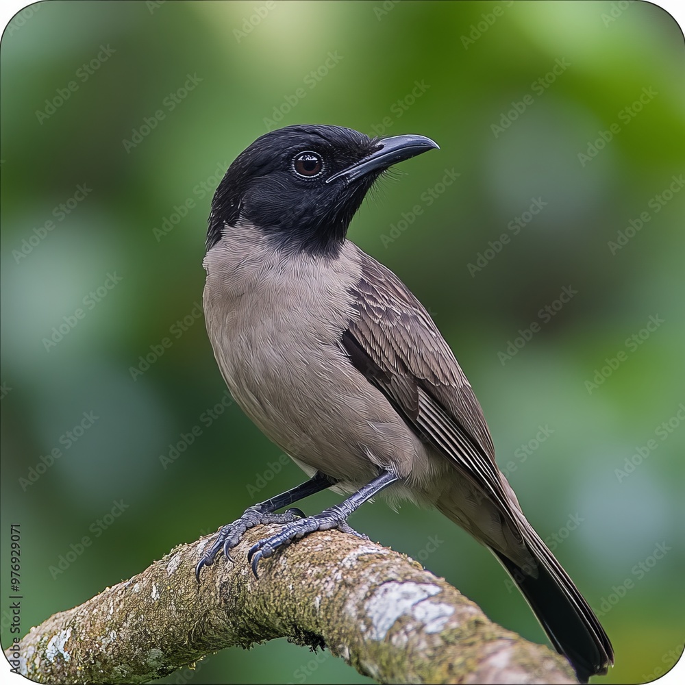Obraz premium A small bird with a black cap perched on a branch, surrounded by green foliage, in a natural forest setting.