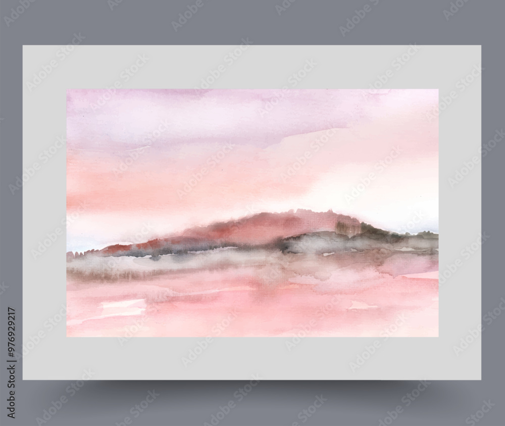 Picturesque landscape with low hill and bright sky during morning sunrise in watercolor painting. Minimalist landscape with beautiful nature for lovers of traveling through regions untouched by man. Picturesque landscape with low hill and bright sky during morning sunrise in watercolor painting. Minimalist landscape with beautiful nature for lovers of traveling through regions untouched by man.