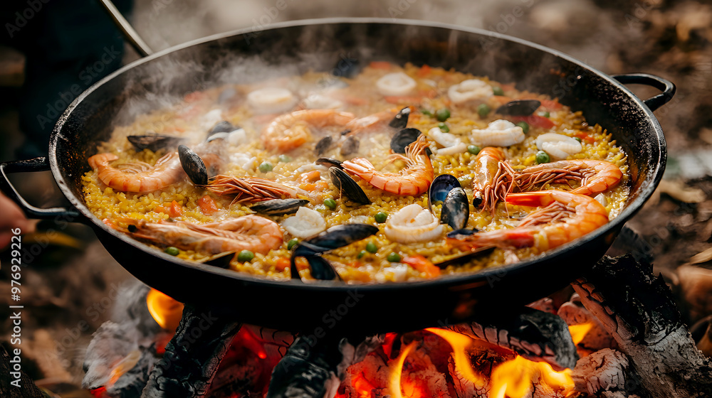 large paella pan cooking over an open flame, with seafood, rice, and vegetables simmering large paella pan cooking over an open flame, with seafood, rice, and vegetables simmering