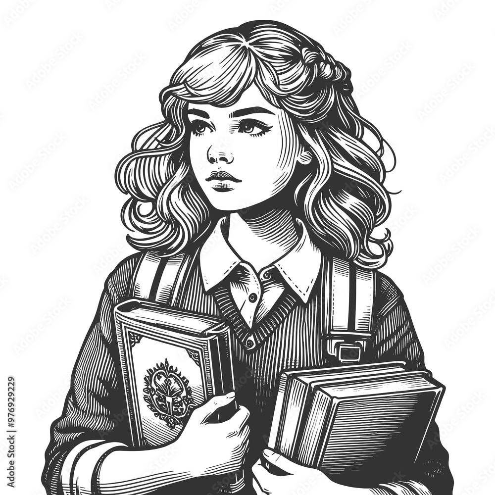 young student with books, classic school uniform, scholarly and introspective atmosphere sketch engraving generative ai raster illustration. Scratch board imitation. Black and white image. young student with books, classic school uniform, scholarly and introspective atmosphere sketch engraving generative ai raster illustration. Scratch board imitation. Black and white image.