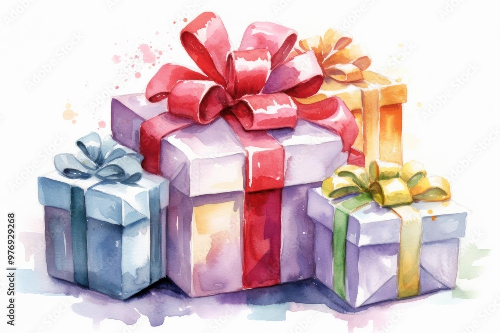 Create a watercolor-style graphic of a festive Christmas present arrangement using gentle Create a watercolor-style graphic of a festive Christmas present arrangement using gentle