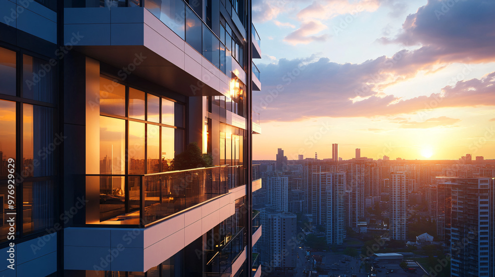 A high-rise apartment building with panoramic city views. A high-rise apartment building with panoramic city views.