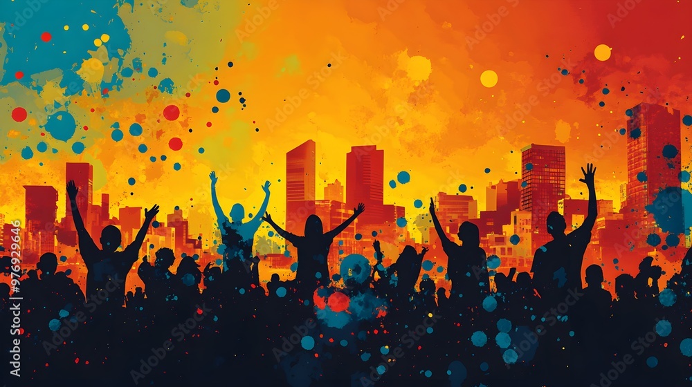 Develop a dynamic t-shirt design for a community celebration, highlighting diverse community members through abstract silhouettes in a multilayer style, with a backdrop of a bustling town square. Develop a dynamic t-shirt design for a community celebration, highlighting diverse community members through abstract silhouettes in a multilayer style, with a backdrop of a bustling town square.