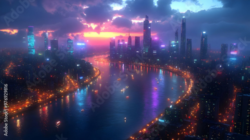 A futuristic cityscape with...