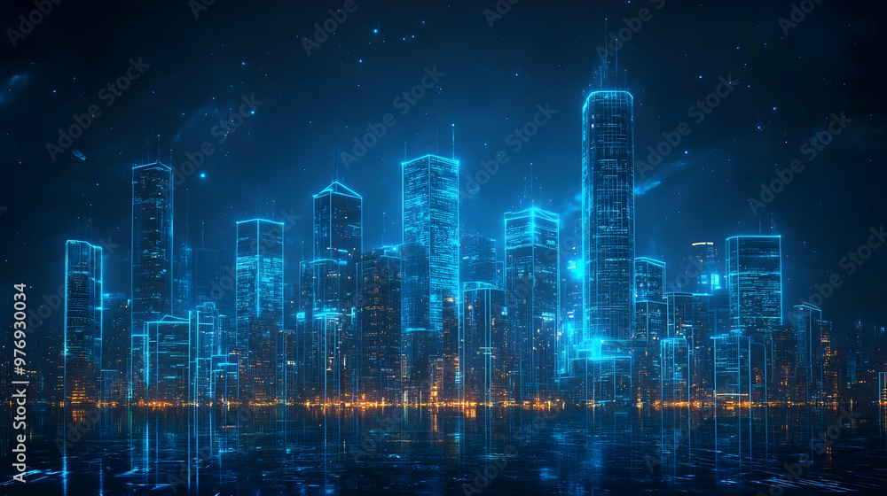 Obraz premium A futuristic cityscape with glowing blue skyscrapers and a starry night sky. The buildings are reflected in the water below, creating a surreal and ethereal effect.