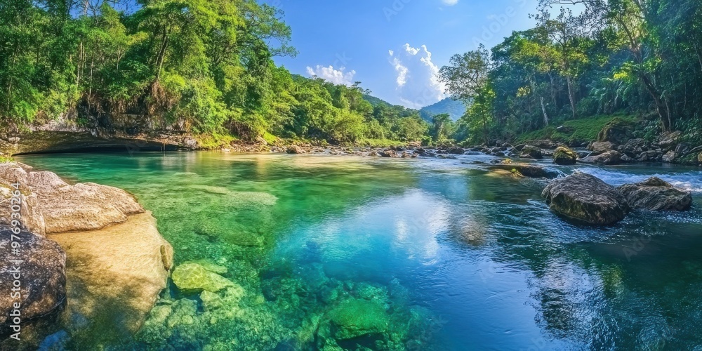 crystal-clear river flowing through a forest crystal-clear river flowing through a forest