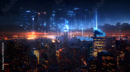 A futuristic cityscape with...