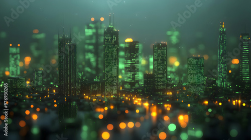 A futuristic cityscape with glowing green and yellow lights, representing the concept of technology and urban development. photo