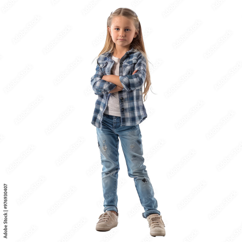 Young girl with arms crossed, wearing casual clothing, standing on a white background Young girl with arms crossed, wearing casual clothing, standing on a white background