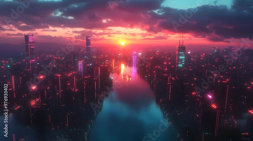 A futuristic cityscape with...