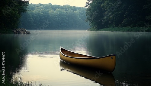 Peaceful Yellow Canoe Floating on Calm Misty Lake, Serene Atmosphere photo