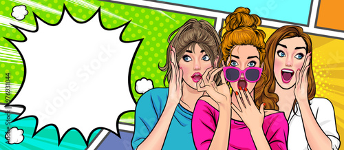 Woman whispering gossip secret to her friend surprise In Retro Vintage Pop Art Comic Style
