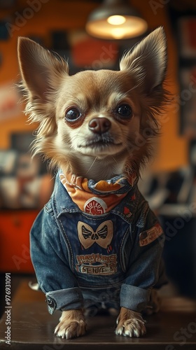 Stylish Chihuahua Wearing Denim Jacket and Bandana, Fashionable Look